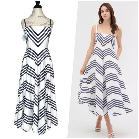 Hill House | Women | The Margot Navy Chevron Stripe Poplin Midi Dress | Sz Large - Picture 1 of 15